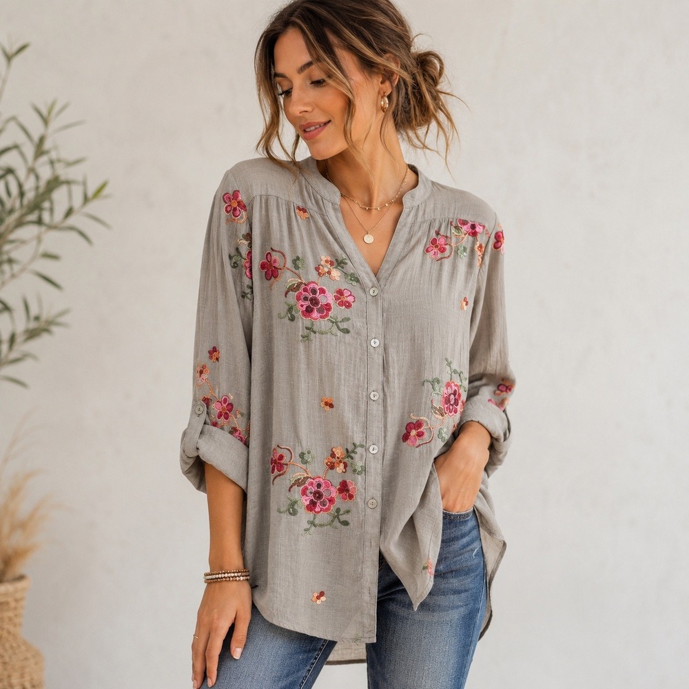 Figueroa & Flower Blouse Womens L NWT Gray Floral Embroidered Boho Tunic Top